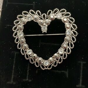 Vintage Silver Tone Marcasite Rhinestone 1.5" Heart Brooch Pendant.